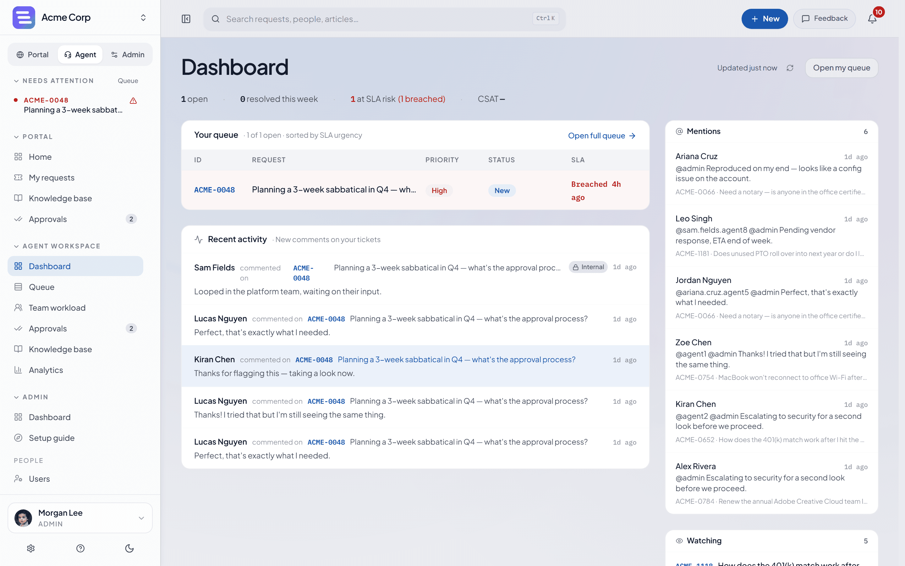 EvenTier agent dashboard: personal queue sorted by SLA urgency, mentions, and recent activity